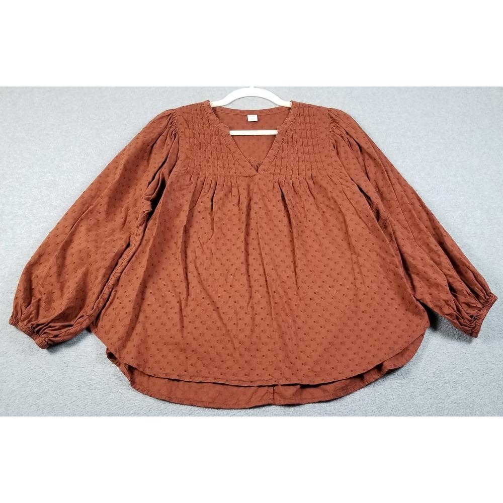 Old Navy Blouse Womens Medium M Brown Dobby Long Sleeve Pleated V-Neck Texture